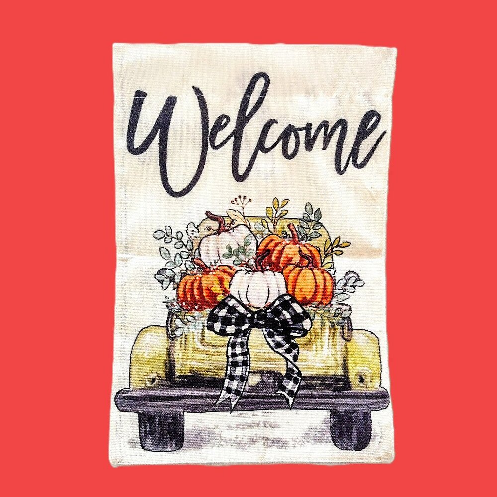 Fall Welcome Yard Garden Flag ~ Pumpkins & Pickup ~ Dbl-Sided ~ Sm. 12 x 18" NEW